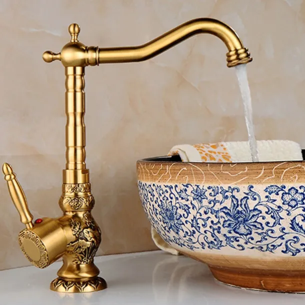 Kitchen faucet - Single Handle One Hole Antique Brass Standard Spout Centerset Retro Vintage Kitchen Taps