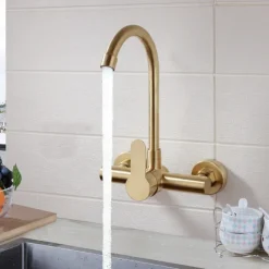 Kitchen faucet - Single Handle Two Holes Brushed Gold Tall /High Arc Wall Mounted Contemporary Kitchen Taps