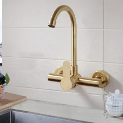 Kitchen faucet - Single Handle Two Holes Brushed Gold Tall /High Arc Wall Mounted Contemporary Kitchen Taps
