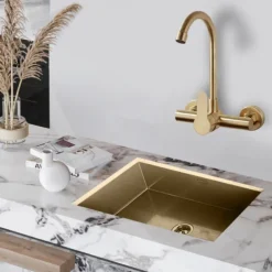 Kitchen faucet - Single Handle Two Holes Brushed Gold Tall /High Arc Wall Mounted Contemporary Kitchen Taps