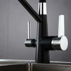 Kitchen Faucet Pull Down Spray Head, Purified Water Dual Spout Taps Sink Mixer Deck Mounted, 360 Rotating Twin Handle High Arc Flexible Tube Vessel Brass Tap