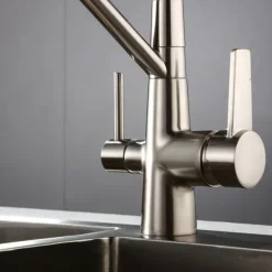 Kitchen Faucet Pull Down Spray Head, Purified Water Dual Spout Taps Sink Mixer Deck Mounted, 360 Rotating Twin Handle High Arc Flexible Tube Vessel Brass Tap