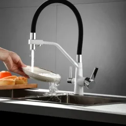 Kitchen Faucet Pull Down Spray Head, Purified Water Dual Spout Taps Sink Mixer Deck Mounted, 360 Rotating Twin Handle High Arc Flexible Tube Vessel Brass Tap