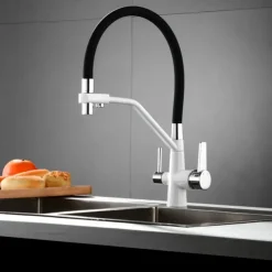 Kitchen Faucet Pull Down Spray Head, Purified Water Dual Spout Taps Sink Mixer Deck Mounted, 360 Rotating Twin Handle High Arc Flexible Tube Vessel Brass Tap