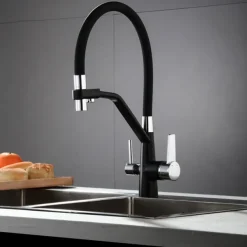 Kitchen Faucet Pull Down Spray Head, Purified Water Dual Spout Taps Sink Mixer Deck Mounted, 360 Rotating Twin Handle High Arc Flexible Tube Vessel Brass Tap