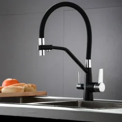 Kitchen Faucet Pull Down Spray Head, Purified Water Dual Spout Taps Sink Mixer Deck Mounted, 360 Rotating Twin Handle High Arc Flexible Tube Vessel Brass Tap