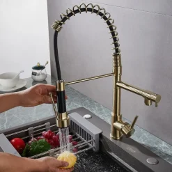 Kitchen Faucet Pull Out Sink Mixer Taps Dual Spout, High Arc Spring Vessel Brass Taps, Single Handle 360 Swivel Sprayer with Hot and Cold Water Hose