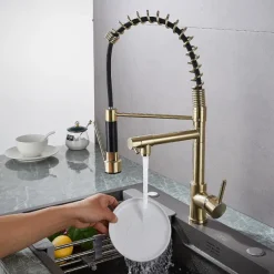 Kitchen Faucet Pull Out Sink Mixer Taps Dual Spout, High Arc Spring Vessel Brass Taps, Single Handle 360 Swivel Sprayer with Hot and Cold Water Hose