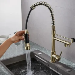 Kitchen Faucet Pull Out Sink Mixer Taps Dual Spout, High Arc Spring Vessel Brass Taps, Single Handle 360 Swivel Sprayer with Hot and Cold Water Hose