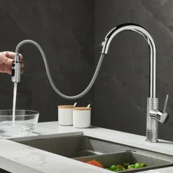 Kitchen Faucet Pull Out Sink Mixer Vessel Tap with 3 Mode Spout, 360 Degree Rotate Single Handle with Cold and Hot Hose