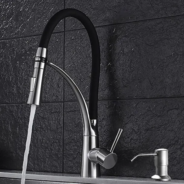 Kitchen Faucet Set, Brush Nickel Single Handle One Hole Pull Out Centerset, Brass Kitchen Faucet with Supply Lines