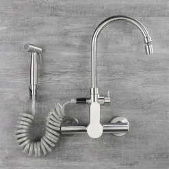 Kitchen Faucet with Bidet Single Handle Two Holes Stainless Steel Standard Spout Wall Mounted Modern Contemporary Kitchen Taps