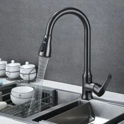 Kitchen Faucet with Pull-out Spray,Single Handle One Hole Brass High Arc 3-Modes Minimalist Style Kitchen Taps(Gun Grey/Black/Chrome)