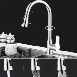 Kitchen Faucet with Pull-out Spray,Single Handle One Hole Brass High Arc 3-Modes Minimalist Style Kitchen Taps(Gun Grey/Black/Chrome)