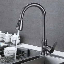 Kitchen Faucet with Pull-out Spray,Single Handle One Hole Brass High Arc 3-Modes Minimalist Style Kitchen Taps(Gun Grey/Black/Chrome)