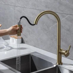 Kitchen Faucet with Pull-out Spray,Single Handle One Hole Brass High Arc 2-modes 360°Rotatable Modern Contemporary Kitchen Taps