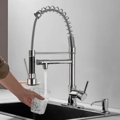 Kitchen Faucet with Pullout Spray and Soap Dispenser Sets Single Handle Two Holes Pull Out/Rotatable/Multifunction Standard Spout, Brass Tall-High Arc Deck Mounted Kitchen Faucet