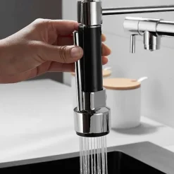 Kitchen Faucet with Pullout Spray and Soap Dispenser Sets Single Handle Two Holes Pull Out/Rotatable/Multifunction Standard Spout, Brass Tall-High Arc Deck Mounted Kitchen Faucet