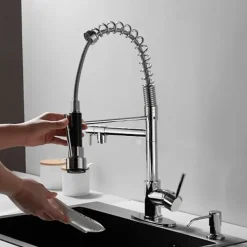 Kitchen Faucet with Pullout Spray and Soap Dispenser Sets Single Handle Two Holes Pull Out/Rotatable/Multifunction Standard Spout, Brass Tall-High Arc Deck Mounted Kitchen Faucet