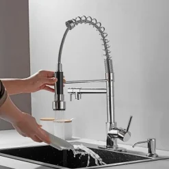 Kitchen Faucet with Pullout Spray and Soap Dispenser Sets Single Handle Two Holes Pull Out/Rotatable/Multifunction Standard Spout, Brass Tall-High Arc Deck Mounted Kitchen Faucet