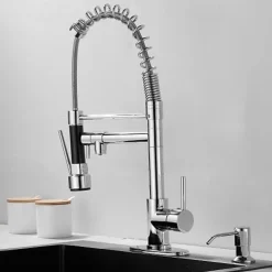 Kitchen Faucet with Pullout Spray and Soap Dispenser Sets Single Handle Two Holes Pull Out/Rotatable/Multifunction Standard Spout, Brass Tall-High Arc Deck Mounted Kitchen Faucet