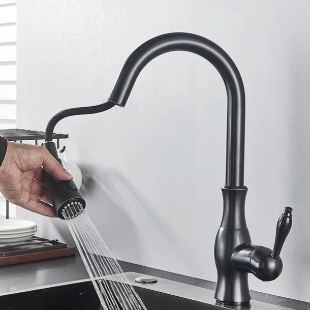 Kitchen Faucet with Pull-out Spray,Brass 2-modes Single Handle One Hole Modern Style Kitchen Taps with Hot and Cold Switch