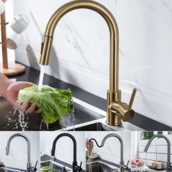 Kitchen Faucet with Pull-out Spray,Single Handle One Hole 2-modes Brass Kitchen Taps
