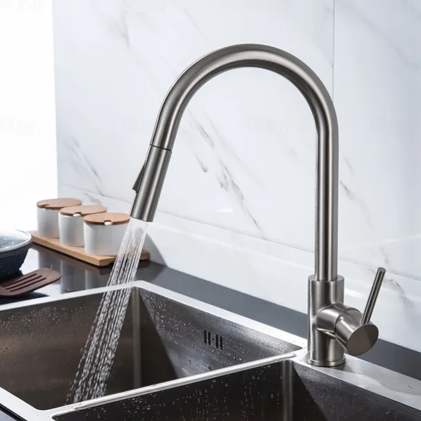 Kitchen Faucet with Pull-out Spray,Single Handle One Hole 2-modes Brass Kitchen Taps