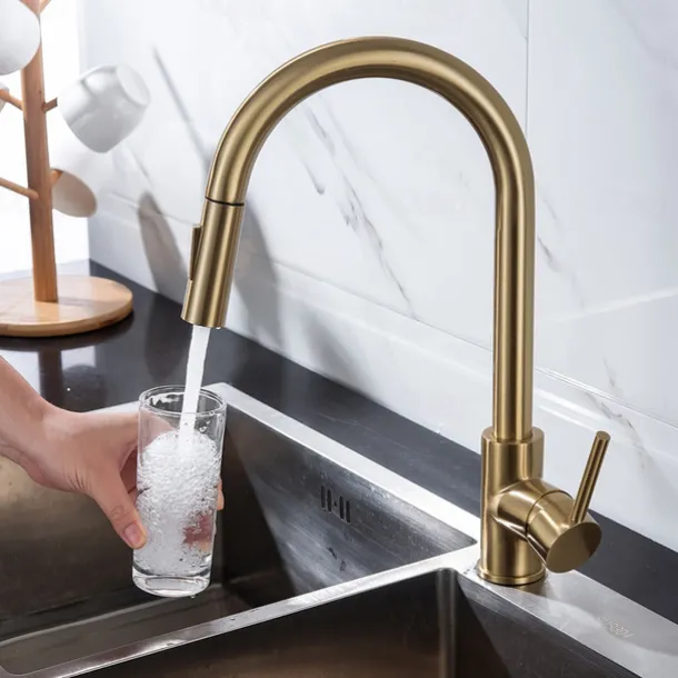 Kitchen Faucet with Pull-out Spray,Single Handle One Hole 2-modes Brass Kitchen Taps