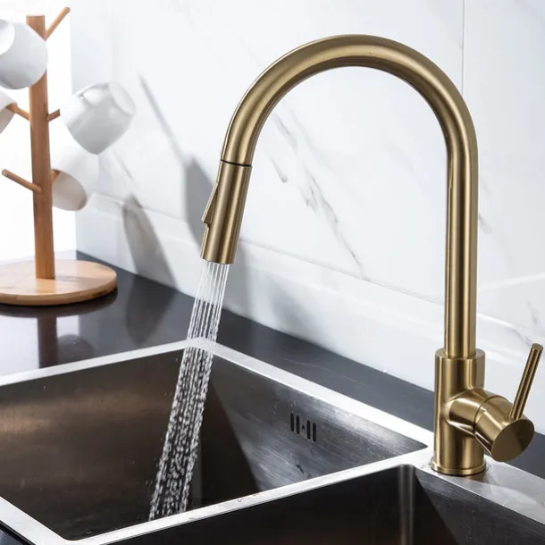 Kitchen Faucet with Pull-out Spray,Single Handle One Hole 2-modes Brass Kitchen Taps
