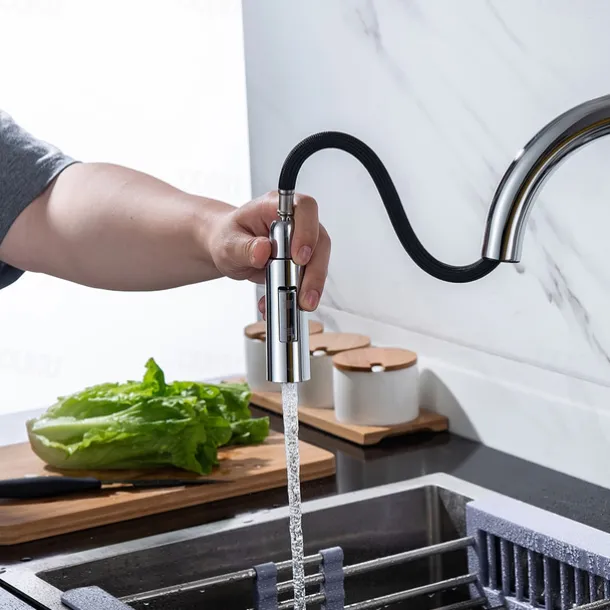 Kitchen Faucet with Pull-out Spray,Single Handle One Hole 2-modes Brass Kitchen Taps