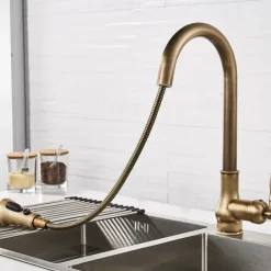 Kitchen Faucet with Sprayer,Antique Brass Pull-out 3-Function Outlet Mode Single Handle One Hole Sink Kitchen Taps with Soap Dispenser or Drain