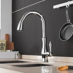 Kitchen Faucet with Sprayer Vessel Installation Nickel Brushed/Electroplated One Hole Widespread Pull Out/High Arc, Brass Kitchen Faucet Contain with Cold and Hot Water