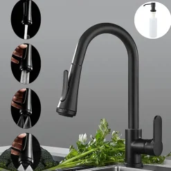 Kitchen Faucet with Sprayer,Matte Black Brass 4-Function Single Handle One Hole Button Design Pull-out / Pull-down Centerset Contemporary Kitchen Taps(with Soap Dispenser)