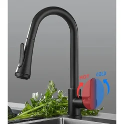 Kitchen Faucet with Sprayer,Matte Black Brass 4-Function Single Handle One Hole Button Design Pull-out / Pull-down Centerset Contemporary Kitchen Taps(with Soap Dispenser)