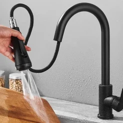 Kitchen Faucet with Sprayer,Matte Black Brass 4-Function Single Handle One Hole Button Design Pull-out / Pull-down Centerset Contemporary Kitchen Taps(with Soap Dispenser)