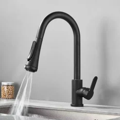 Kitchen Faucet with Sprayer,Matte Black Brass 4-Function Single Handle One Hole Button Design Pull-out / Pull-down Centerset Contemporary Kitchen Taps(with Soap Dispenser)