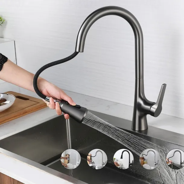Kitchen Faucet with Sprayer,Pull-out 3-Function Button Design Single Handle One Hole Tall High Arc Modern Contemporary Kitchen Taps