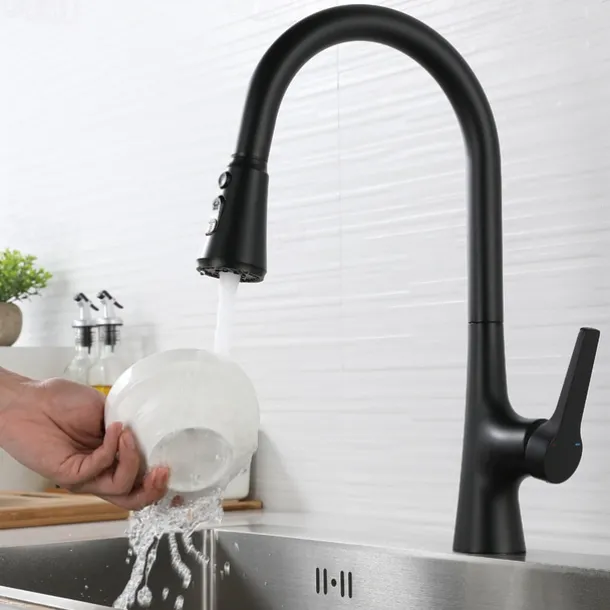 Kitchen Faucet with Sprayer,Pull-out 3-Function Button Design Single Handle One Hole Tall High Arc Modern Contemporary Kitchen Taps