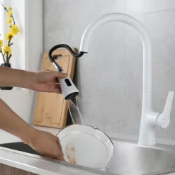 Kitchen Faucet with Sprayer,Pull-out 3-Function Button Design Single Handle One Hole Tall High Arc Modern Contemporary Kitchen Taps