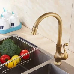 Kitchen Faucet,Antique Brass Single Handle One Hole Standard Spout Centerset Contemporary Rotatable Kitchen Taps with Cold and Hot Switch