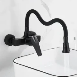 Kitchen Faucet,Brass Wall Mounted Single Handle Two Holes Bendable Rotatable Kitchen Taps