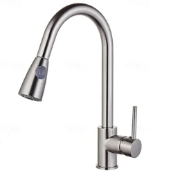 Kitchen Faucet,Minimalisht Style Brass Nickel Brushed Pull-out Tall High Arc Vessel Fashion Nickel Brushed Rotatable Contemporary Kitchen Taps with Hot and Cold Switch
