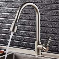 Kitchen Faucet,Minimalisht Style Brass Nickel Brushed Pull-out Tall High Arc Vessel Fashion Nickel Brushed Rotatable Contemporary Kitchen Taps with Hot and Cold Switch