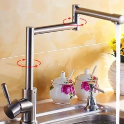 Kitchen Faucet,Modern Style Stainless Steel Single Handle One Hole Nickel Brushed Pot Filler Deck Mounted Retro Kitchen Taps With Hot and Cold Water