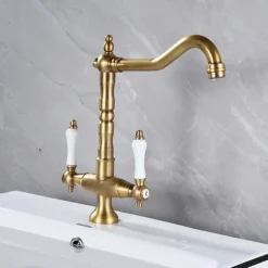 Kitchen Faucet,Two Handles One Hole Antique Brass / Electroplated / Painted Finishes Standard Spout Centerset Antique Kitchen Taps