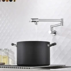 Kitchen Faucet,Wall Mounted Pot Filler Two Handles One Hole Chrome/Oil-rubbed Bronze/Nickel Brushed Foldable Pot Filler Wall Mounted Contemporary Kitchen Taps with Cold Water Only