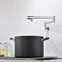 Kitchen Faucet,Wall Mounted Pot Filler Two Handles One Hole Chrome/Oil-rubbed Bronze/Nickel Brushed Foldable Pot Filler Wall Mounted Contemporary Kitchen Taps with Cold Water Only