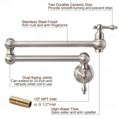 Kitchen Faucet,Wall Mounted Pot Filler Brass Two Handles One Hole Nickel Brushed Foldable Faucet