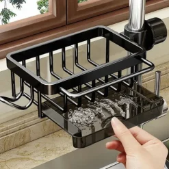Kitchen Sink Faucet Organizer,Rustproof Aluminum Holder for Sponge, Soap, Brush, Space-Saving Design with Drip Tray, Easy Installation